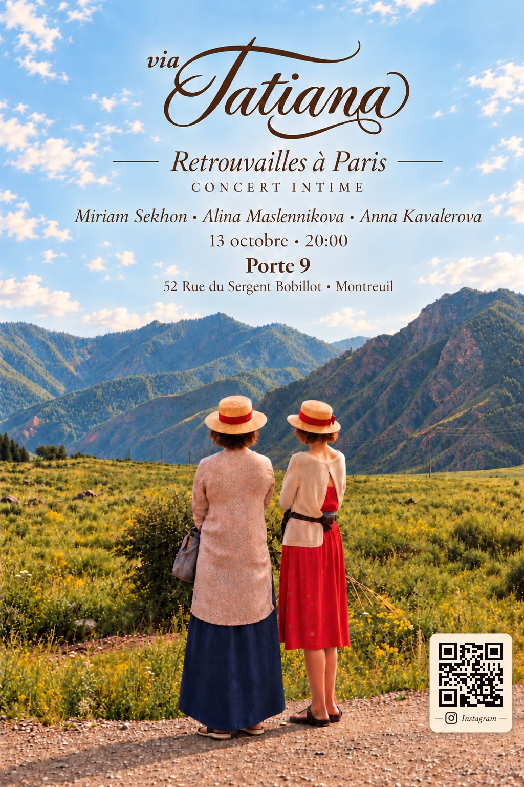 Affiche : via Tatiana — Retrouvailles à Paris. Miriam Sekhon, Alina Maslennikova, Anna Kavalerova. 13 octobre à 20:00, Porte 9, 52 rue du Sergent Bobillot, Montreuil.